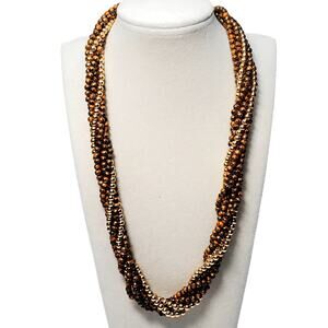 Retro Multi Strand Brown Beaded Twist Necklace Unsigned 18" Vtg